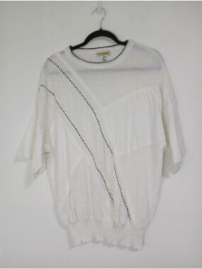 Technique Knit Pullover Black Trim Patchwork Design Size Large Womens White